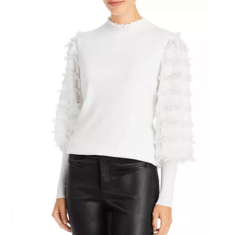 Sioni White Ruffle & Fringe Mock Neck Sweater
